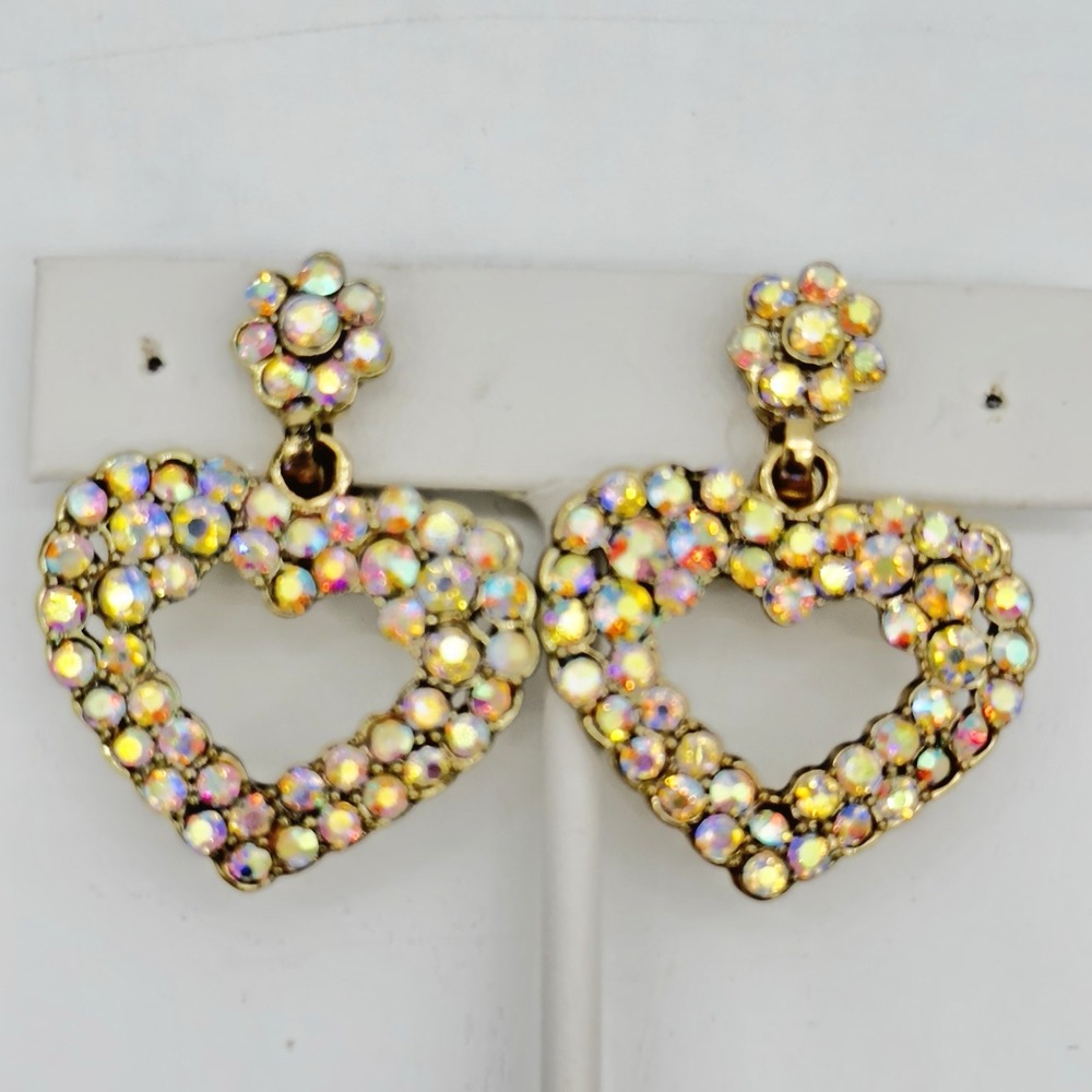 Vtg AB Rhinestone Heart Door Knocker Earrings Dangle Gold Tone Clip On Statement